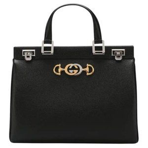GUCCI Zumi Leather Medium Top Handle Bag Black silver and gold tone GG logo NWT